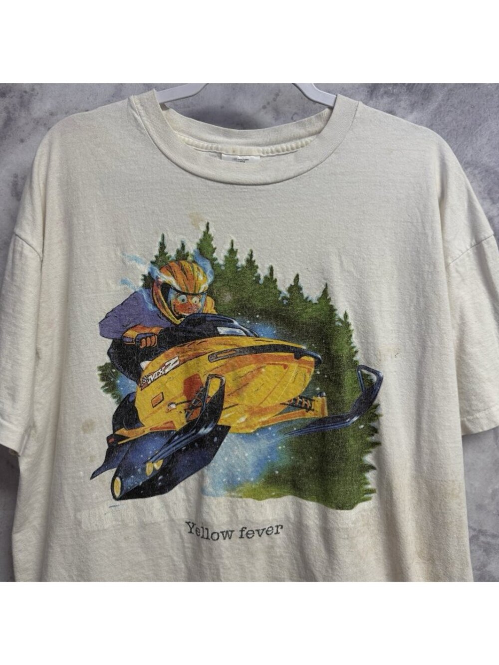 Vintage Yellow Fever Snowmobile T Shirt Mens XL White Y2k Outdoor Nature
